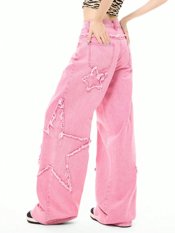 Coolane Jeans rectos y sueltos de estilo callejero para mujer con parches de estrellas bordados, combinalos con cualquier look de moda que desees