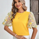 Blusa elegante amarilla de manga con volantes y bordados para damas