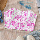 WYWH Top informal corto sin tirantes con estampado azul de vacaciones y estilo bustier para mujeres WYWH, con lineas prensadas de espina de pescado sobre un fondo blanco