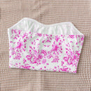 WYWH Top informal corto sin tirantes con estampado azul de vacaciones y estilo bustier para mujeres WYWH, con lineas prensadas de espina de pescado sobre un fondo blanco