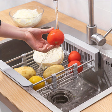 Rejilla para Secar Platos de Acero Inoxidable Expansible sobre el Fregadero, Cesta de Escorrentía Multifuncional Ajustable para Frutas y Verduras, Organizador Plegable para Lavado y Almacenamiento con Acabado Pulido, Estante para Secar Platos