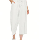 Pantalones holgados casuales de lino para mujer de cintura alta con pierna ancha y cordon con bolsillos