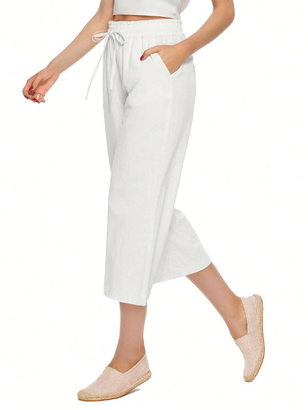 Pantalones holgados casuales de lino para mujer de cintura alta con pierna ancha y cordon con bolsillos