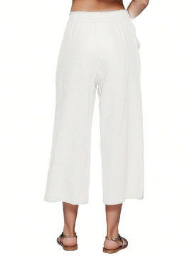 Pantalones holgados casuales de lino para mujer de cintura alta con pierna ancha y cordon con bolsillos