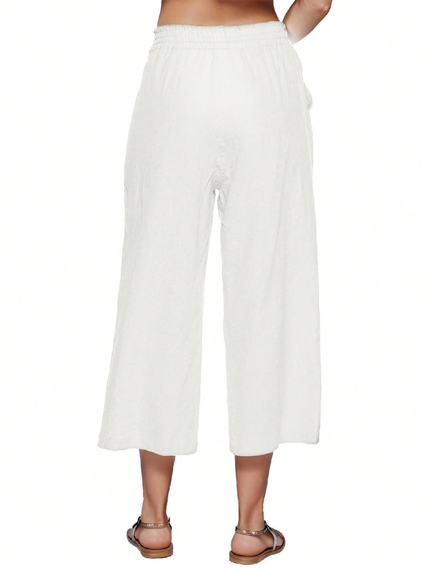 Pantalones holgados casuales de lino para mujer de cintura alta con pierna ancha y cordon con bolsillos