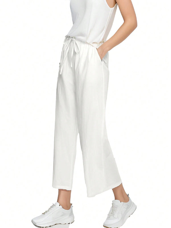 Pantalones holgados casuales de lino para mujer de cintura alta con pierna ancha y cordon con bolsillos