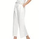 Pantalones holgados casuales de lino para mujer de cintura alta con pierna ancha y cordon con bolsillos
