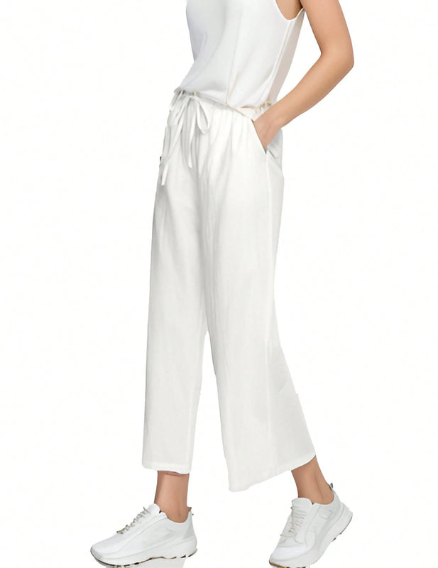 Pantalones holgados casuales de lino para mujer de cintura alta con pierna ancha y cordon con bolsillos