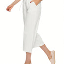 Pantalones holgados casuales de lino para mujer de cintura alta con pierna ancha y cordon con bolsillos