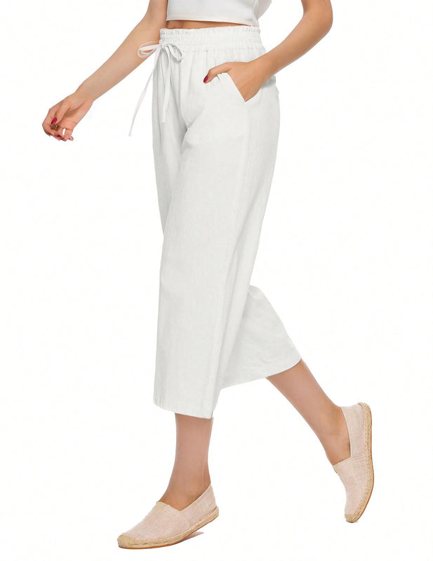 Pantalones holgados casuales de lino para mujer de cintura alta con pierna ancha y cordon con bolsillos