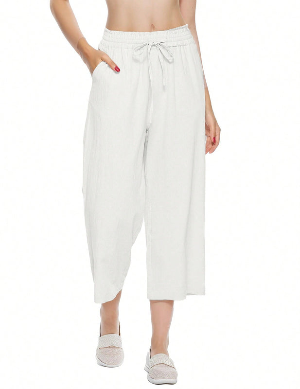 Pantalones holgados casuales de lino para mujer de cintura alta con pierna ancha y cordon con bolsillos