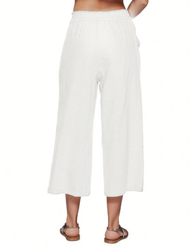 Pantalones holgados casuales de lino para mujer de cintura alta con pierna ancha y cordon con bolsillos