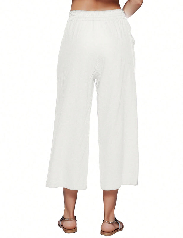 Pantalones holgados casuales de lino para mujer de cintura alta con pierna ancha y cordon con bolsillos