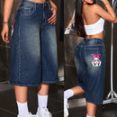 ICON Pantalones Jeans anchos y sueltos de siete puntos para mujer con impresion de personaje de dibujos animados y bolsillos