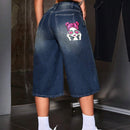 ICON Pantalones Jeans anchos y sueltos de siete puntos para mujer con impresion de personaje de dibujos animados y bolsillos