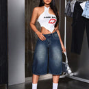 ICON Pantalones Jeans anchos y sueltos de siete puntos para mujer con impresion de personaje de dibujos animados y bolsillos