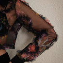 Blusa corta sexy con estampado floral y manga larga de malla transparente para el verano