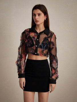 Blusa corta sexy con estampado floral y manga larga de malla transparente para el verano