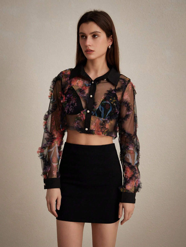 Blusa corta sexy con estampado floral y manga larga de malla transparente para el verano