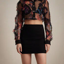 Blusa corta sexy con estampado floral y manga larga de malla transparente para el verano