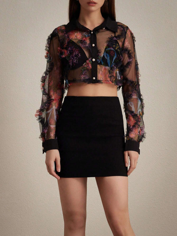 Blusa corta sexy con estampado floral y manga larga de malla transparente para el verano