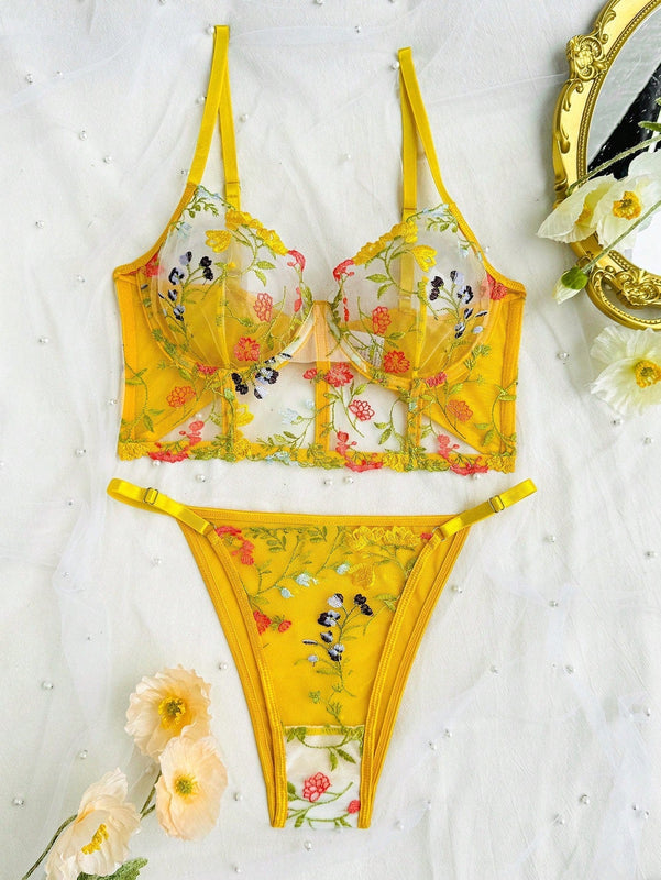 Conjunto de ropa interior femenina bordada romantica de 2 piezas