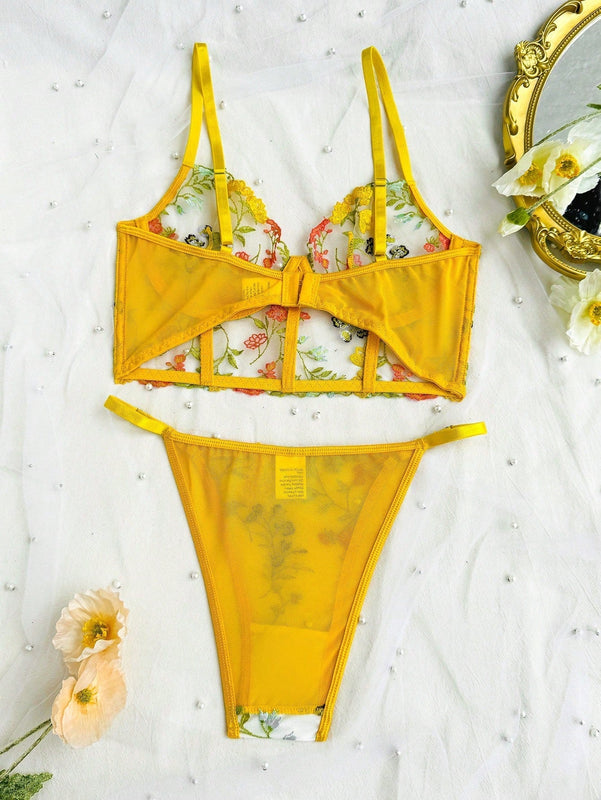Conjunto de ropa interior femenina bordada romantica de 2 piezas