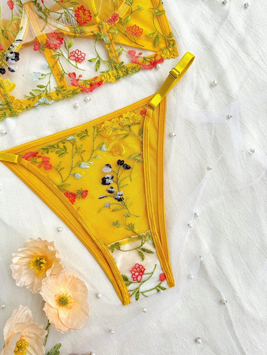 Conjunto de ropa interior femenina bordada romantica de 2 piezas