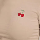 Frenchy Camiseta casual de verano para mujer con cuello redondo, dees de cereza bordados, mangas cortas con dees plisados y ruchados en el lateral, ajuste enado, esencial para el verano