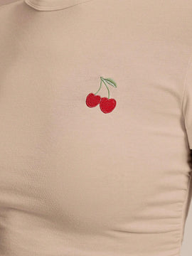 Frenchy Camiseta casual de verano para mujer con cuello redondo, dees de cereza bordados, mangas cortas con dees plisados y ruchados en el lateral, ajuste enado, esencial para el verano