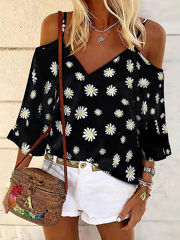 Camiseta de tirantes con hombros descubiertos con estampado de margaritas para mujer para vacaciones y tiempo libre