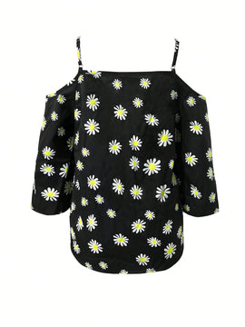 Camiseta de tirantes con hombros descubiertos con estampado de margaritas para mujer para vacaciones y tiempo libre