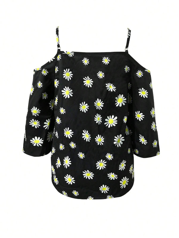 Camiseta de tirantes con hombros descubiertos con estampado de margaritas para mujer para vacaciones y tiempo libre