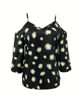 Camiseta de tirantes con hombros descubiertos con estampado de margaritas para mujer para vacaciones y tiempo libre