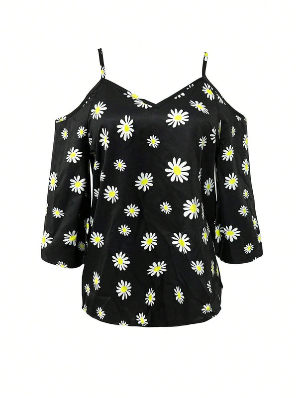 Camiseta de tirantes con hombros descubiertos con estampado de margaritas para mujer para vacaciones y tiempo libre
