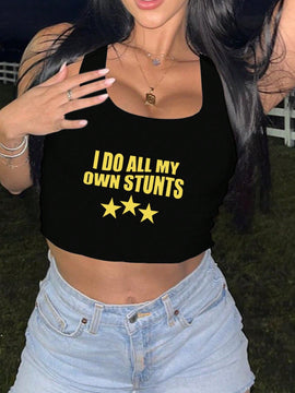 Top corto casual sin mangas para mujer con estampado de eslogan y estrellas para el verano