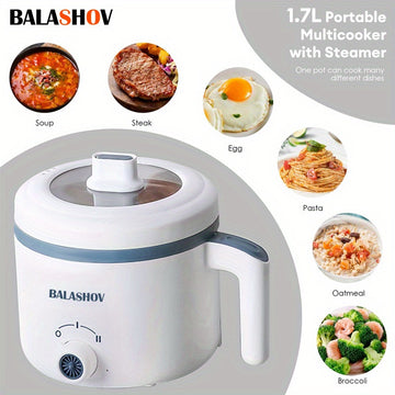 BALASHOV 1.7L Olla Eléctrica con Vaporizador, Cocinero Rápido Antiadherente, Control de Doble Potencia, Enchufe de EE. UU., 110-130V, para Ramen, Sopa, Dumplings, Avena - Accesorio de Cocina Portátil, Blanco