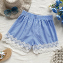 WYWH Shorts de cintura alta en azul y blanco con detalle elastico y empalme de encaje para mujer durante las vacaciones de verano
