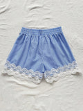 WYWH Shorts de cintura alta en azul y blanco con detalle elastico y empalme de encaje para mujer durante las vacaciones de verano