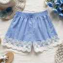 WYWH Shorts de cintura alta en azul y blanco con detalle elastico y empalme de encaje para mujer durante las vacaciones de verano
