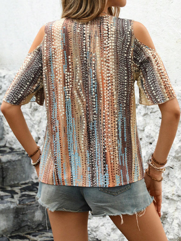 Camisa abierta en los hombros con cremallera frontal con estampados al azar para vacaciones/ocio