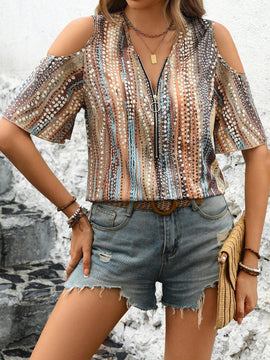 Camisa abierta en los hombros con cremallera frontal con estampados al azar para vacaciones/ocio