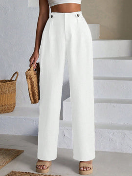 Pantalones de lino con botones a dos caras en la parte delantera para mujeres