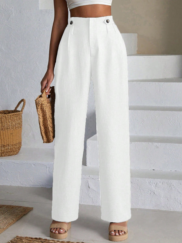 Pantalones de lino con botones a dos caras en la parte delantera para mujeres