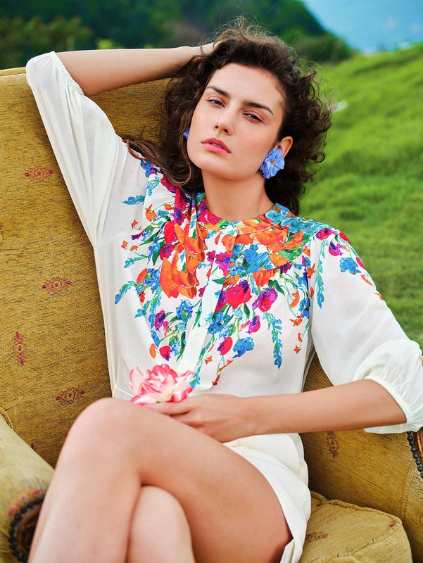 MOTF X MARIA-VICTORIA CHECA BLUSA CON CIERRE DE UN SOLO BOTON CON MANGA LANTERNA CON ESTAMPADO FLORAL