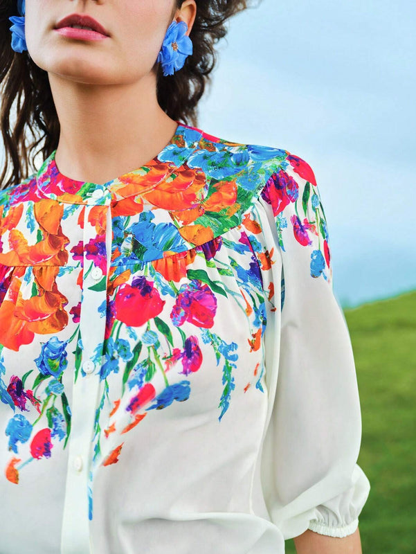 MOTF X MARIA-VICTORIA CHECA BLUSA CON CIERRE DE UN SOLO BOTON CON MANGA LANTERNA CON ESTAMPADO FLORAL