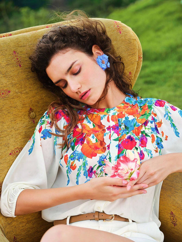 MOTF X MARIA-VICTORIA CHECA BLUSA CON CIERRE DE UN SOLO BOTON CON MANGA LANTERNA CON ESTAMPADO FLORAL