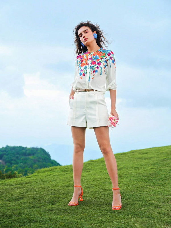 MOTF X MARIA-VICTORIA CHECA BLUSA CON CIERRE DE UN SOLO BOTON CON MANGA LANTERNA CON ESTAMPADO FLORAL