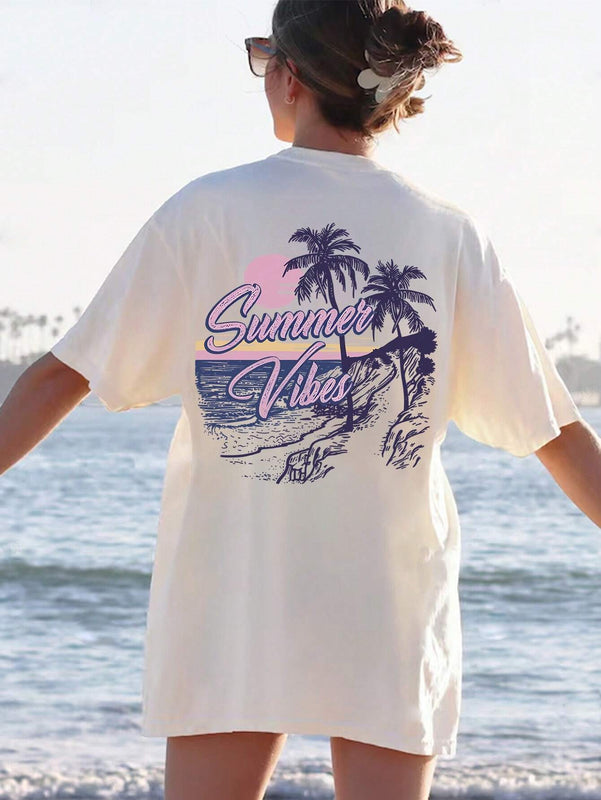 Camiseta casual suelta/ajustada para mujer con patron de arbol de coco y playa, ideal para vacaciones de verano