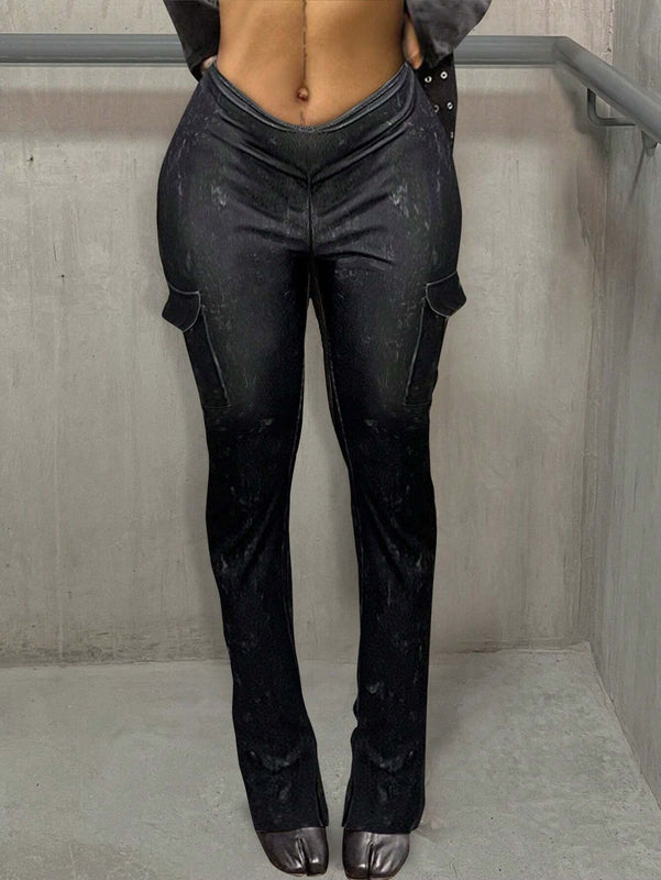 Slayr Pantalones de mujer oscuros de verano casuales de trabajo de calle tridimensionales con cintura en V y bolsillos de tela pit strip lavado con arena ajustados, modelo T-H